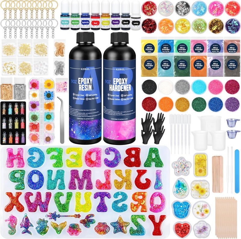 KISREL Epoxy Resin kit -18oz Clear Epoxy Resin with Silicone Alphabet Resin molds and Jewelry Making Kits, 2 Part Epoxy and Hardener for Casting Coating, Keychains, DIY Craft Decorations - Image 1